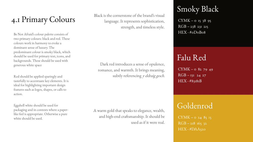 Be Not Afraid Jewellery Colour palette guideline